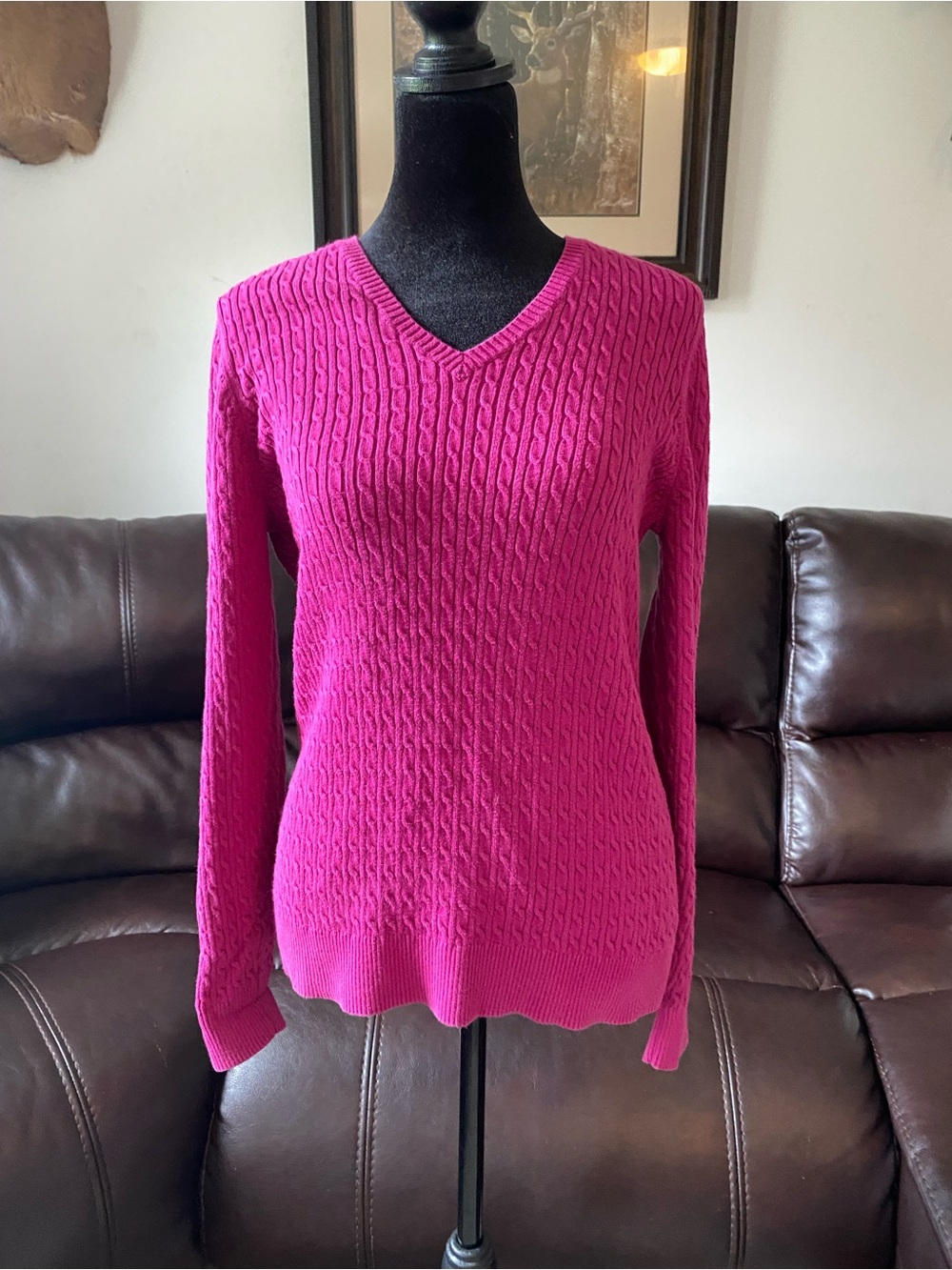 Lands End Cable Knit V-Neck Pulloever Sweater Women’s Medium 100% Supima Cotton